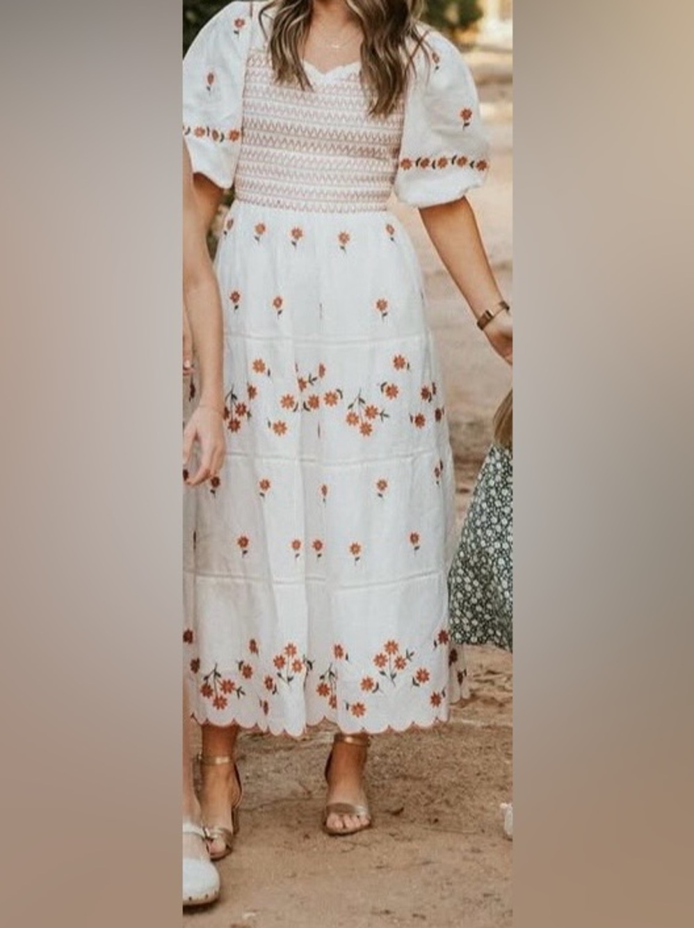 Ivy City Co White Smocked Dress with Rust Stitching